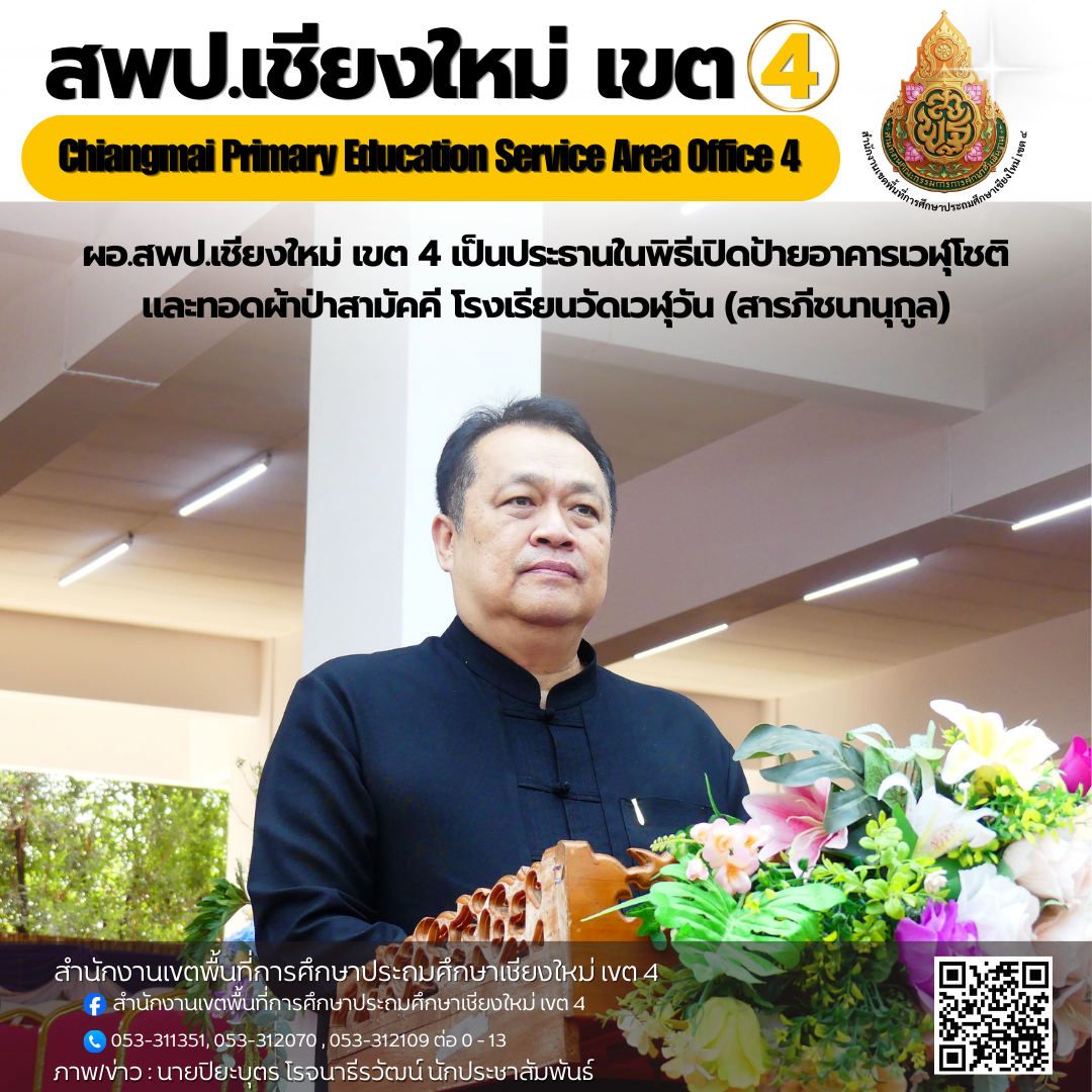 ผอ.สพป.เชียงใหม่ เขต 4 เป็นประธานในพิธีเปิดป้ายอาคารเวฬุโชติ และทอดผ้าป่าสามัคคี โรงเรียนวัดเวฬุวัน (สารภีชนานุกูล)